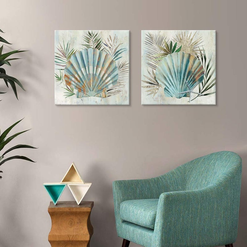 JAPO ART Turquoise Shell Pictures Modern Seashell with Tropical Palm Leaves Canvas Wall Art Coastal Wall Art for Bathroom Bedroom Livingroom Home Decorations 12x12Inchx2pcs - Image 4